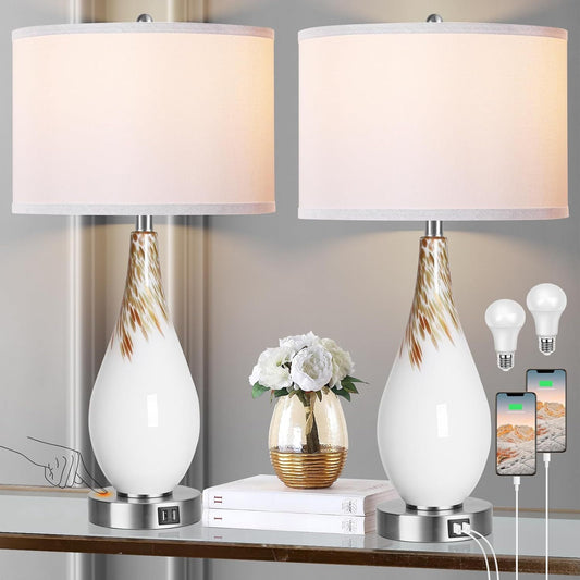 Touch Control Table Lamps Set of 2, 27.5' Tall Modern Art Glass Bedside Lamp with USB Ports, 3-Way Dimmable Hand Crafted Nightstand Lamps White Drum Shade for Living Room Bedroom Home