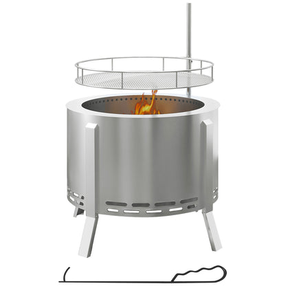 Outsunny 2-in-1 Smokeless Fire Pit, BBQ Grill, 19' Portable Wood Burning Firepit with Cooking Grate and Poker, Low Smoke Camping Bonfire Stove for Backyard Patio Picnic, Stainless Steel, Silver