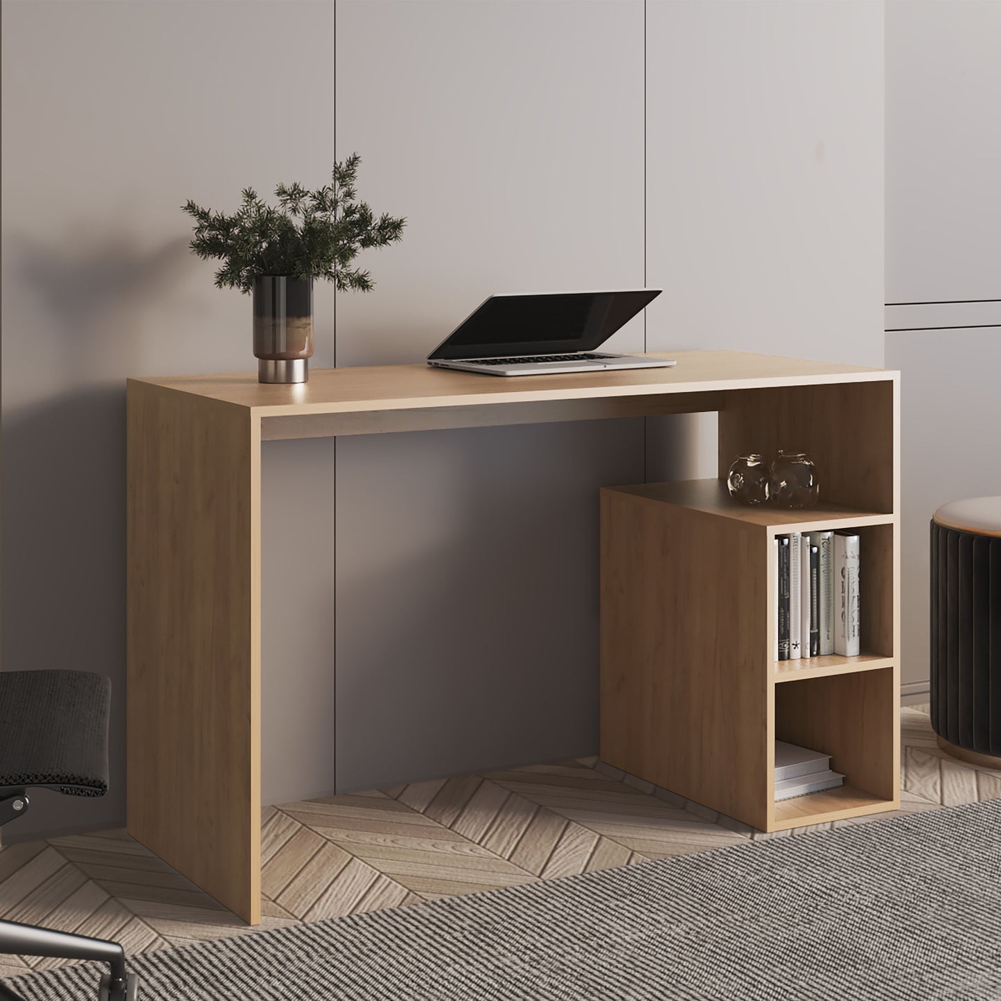 Solid 47' Wide Four Shelves Writting Desk, Home Office, Living Room, Gamer Desk Natural Oak