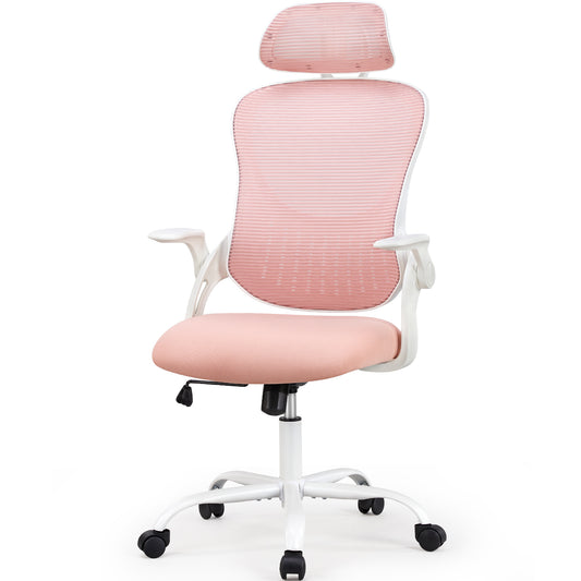 Office chair, comfortable swivel chair with high back, wheels, adjustable headrest, comfortable lumbar support, flip arm, Pink