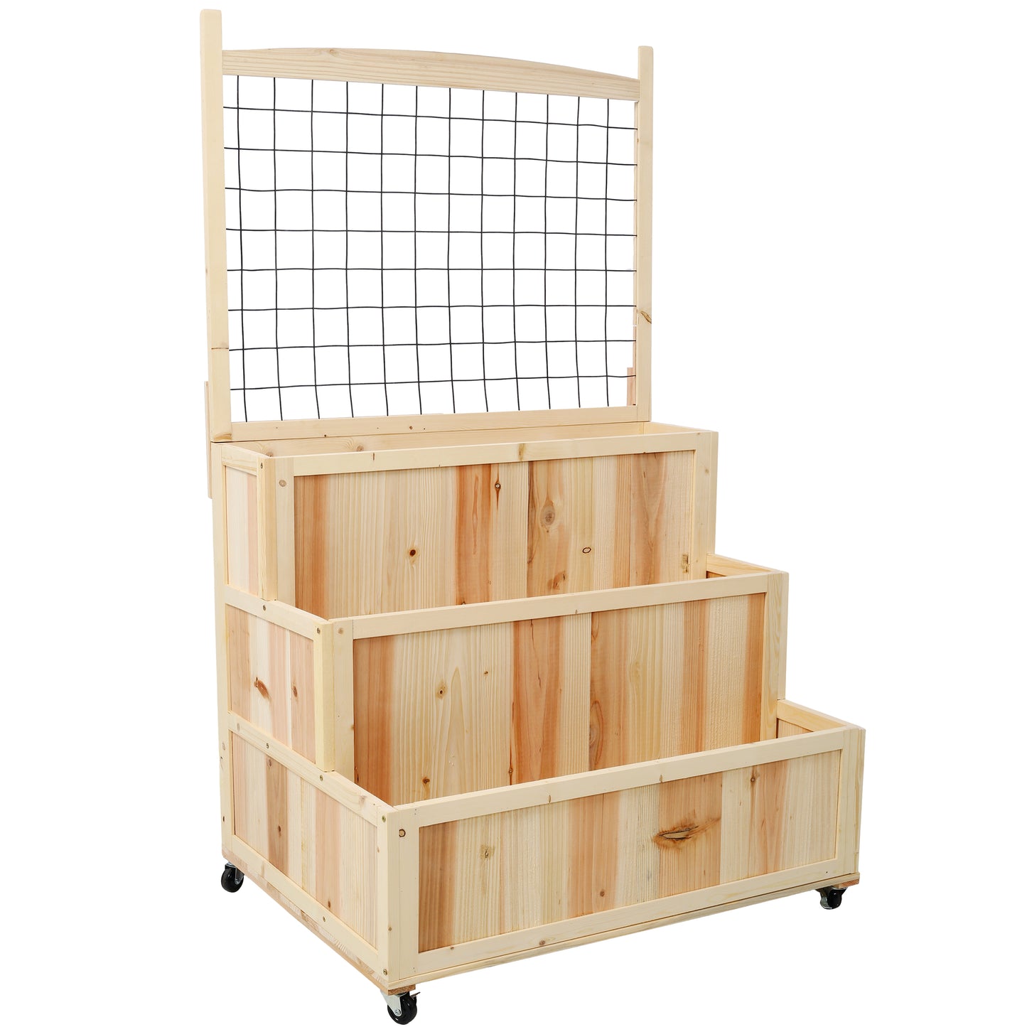 3-Tiers Raised Garden Bed with Trellis, 53' H Vertical Planter Box with Wheels & Back Storage Area, for Flowers, Vegetables, Herbs, Natural