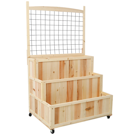 3-Tiers Raised Garden Bed with Trellis, 53' H Vertical Planter Box with Wheels & Back Storage Area, for Flowers, Vegetables, Herbs, Natural