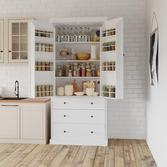 [Assembly Video Provided]TOPMAX 77inch Farmhouse Kitchen Pantry, Freestanding Tall Cupboard Storage Cabinet with 3 Adjustable Shelves, 8 Door Shelves, 3 Drawers for Kitchen, Dining Room, White