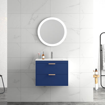24' floating wall mounted bathroom vanity with white ceramic sink and drawer storage