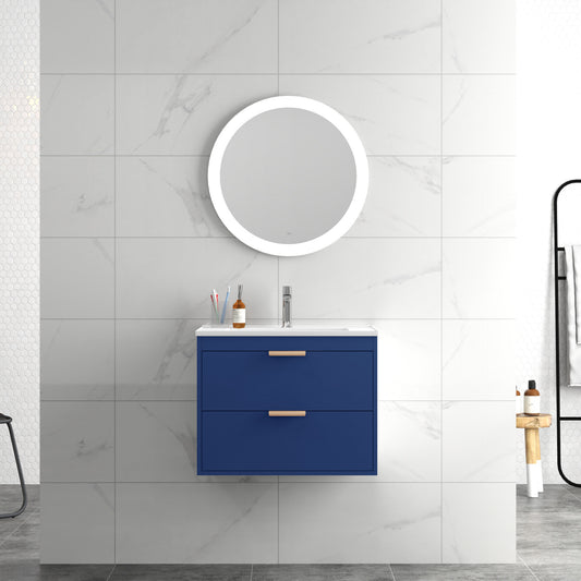 24' floating wall mounted bathroom vanity with white ceramic sink and drawer storage