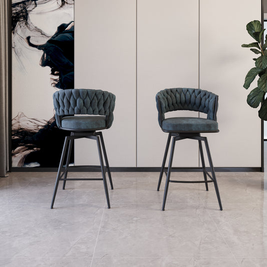26' Bar Chair Suede Woven Bar Stool Set of 2,Black legs Barstools No Adjustable Kitchen Island Chairs,360 Swivel Bar Stools Upholstered Bar Chair Counter Stool Arm Chairs with Back Footrest (Blue)