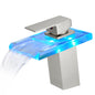 Bathroom Sink Faucet LED Light 3 Colors Changing Waterfall Glass Spout Hot Cold Water Mixer Single Handle One Hole Deck Mounted Bathroom Faucet Black Lavatory Vanity Basin Bath Plumbing Fixtures