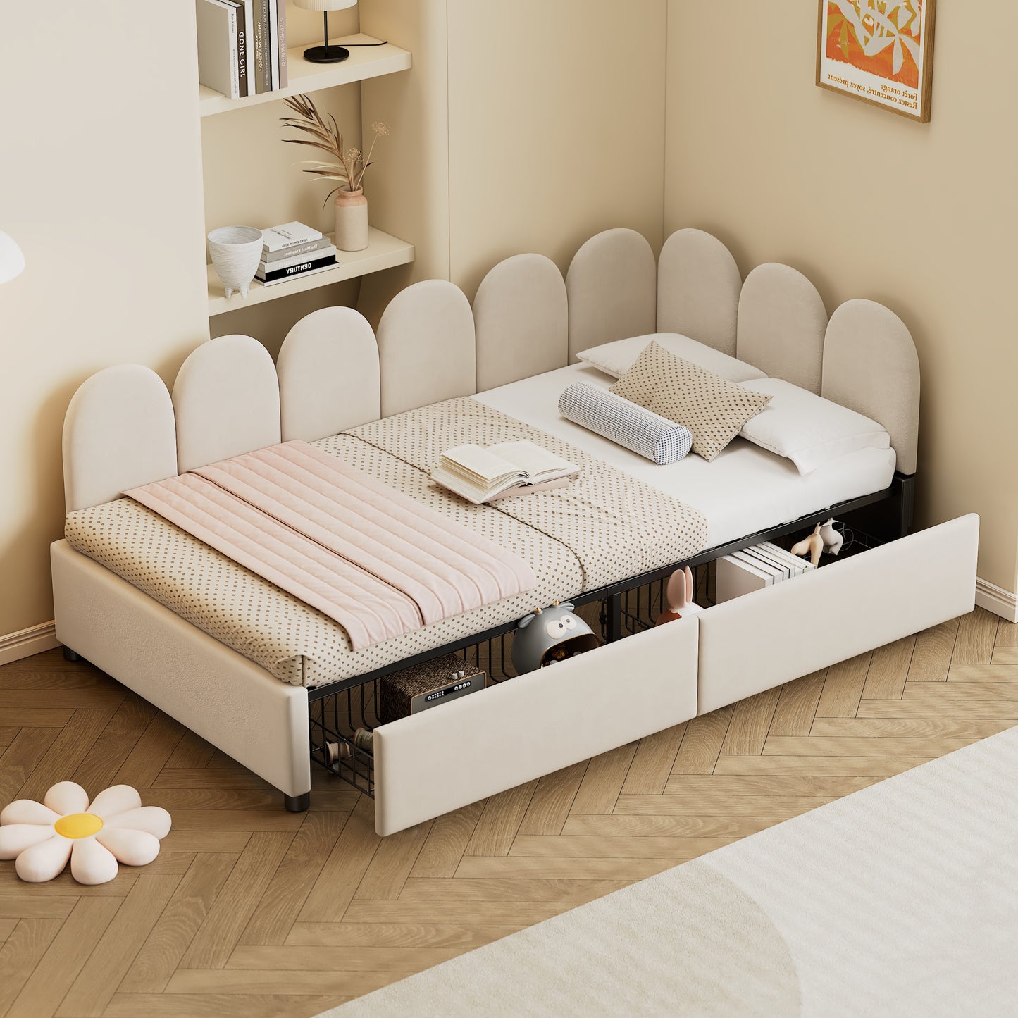 Twin size Upholstered Daybed with 2 Drawers, Velvet Sofabed with Soft Fabric Headboard, No Box-spring Needed, Beige