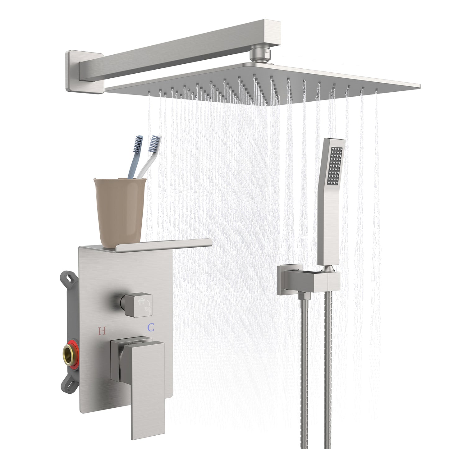 Rainfall Shower System With Storage Rack 10 inch Shower Faucet Set Brushed Nickel with High Pressure with Square Shower Head Luxury Shower Set Wall Mount