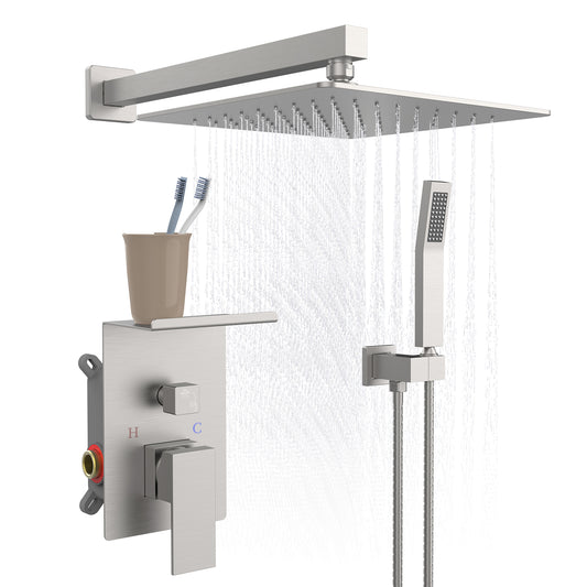 Rainfall Shower System With Storage Rack 10 inch Shower Faucet Set Brushed Nickel with High Pressure with Square Shower Head Luxury Shower Set Wall Mount