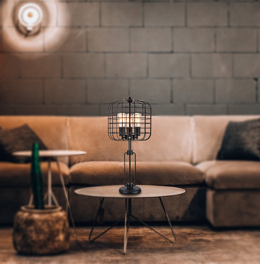 26'H BLACK INDUSTRIAL WIRE CAGE TABLE LAMP W/ EDISON BULB (1PCS/CNT)(2.96/14.43)
