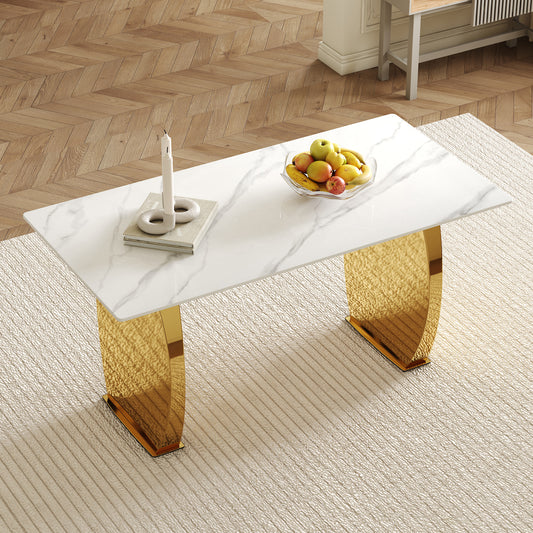 Modern rectangular dining table, 0.4 inch white patterned sintered stone top,golden legs,suitable for kitchen, dining room, living room.Snow Mountain White Sintered Stone Dining Table. 63 * 31.4 * 30
