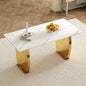 Modern rectangular dining table, 0.4 inch white patterned sintered stone top,golden legs,suitable for kitchen, dining room, living room.Snow Mountain White Sintered Stone Dining Table. 63 * 31.4 * 30