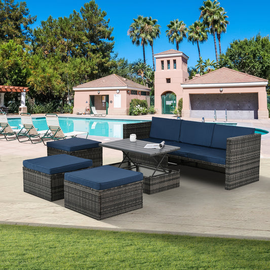 Patio Furniture, Outdoor Furniture, Seasonal PE Wicker Furniture,5 Set Wicker Furniture With Plywood Coffee Table,with lift TOP Coffee Table,with Lounger Sofa