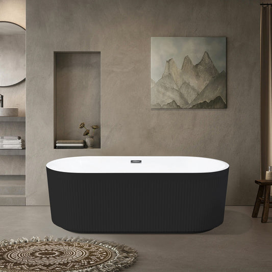 67' Acrylic Freestanding Bathtub, Unique Pleated Design, Glossy Black, Chrome Overflow and Pop-Up Drain, , cUPC Certified