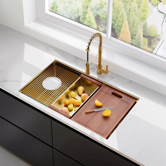 32 Gold Undermount Workstation Kitchen Sink-32 x 19 Inch 16 Gauge Stainless Steel Undermount Kitchen Sink Handmade R10 Radius 10 Inch Deep Undermount Single Bowl Sink with Custom Accessories