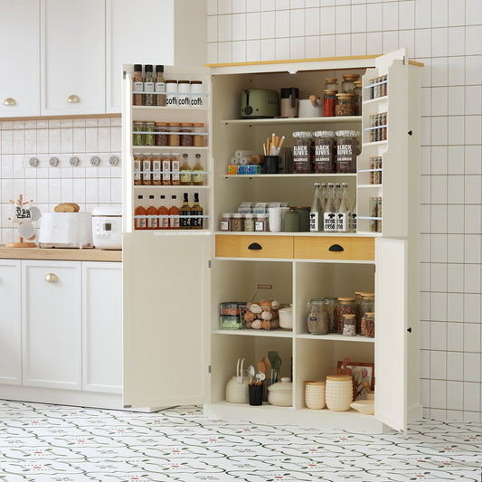 [Assembly Video Provided]TOPMAX 40.2x20x71.3inch High Freestanding Kitchen Pantry Large Cupboard Storage Cabinet with 2 Drawers, 2 Adjustable Shelves, 8 Door Shelves for Kitchen, Dining Room,Cream