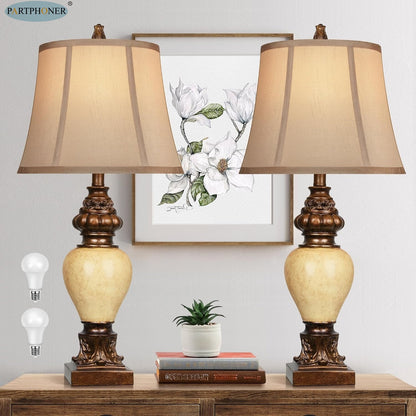 28' High Traditional Table Lamp Set of 2, Vintage Bronze Bedside Lamps with Faux Silk Bell Shades, Rustic Farmhouse Nightstand Lamp for Living Room Bedroom Office House Home Decor