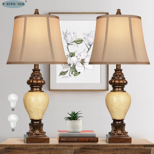 28' High Traditional Table Lamp Set of 2, Vintage Bronze Bedside Lamps with Faux Silk Bell Shades, Rustic Farmhouse Nightstand Lamp for Living Room Bedroom Office House Home Decor