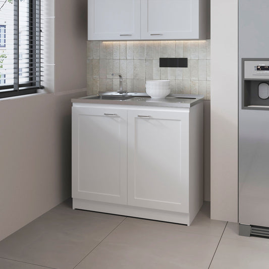 FM FURNITURE Haivana Utility Sink Base Cabinet with Double Doors and Interior Shelf, White