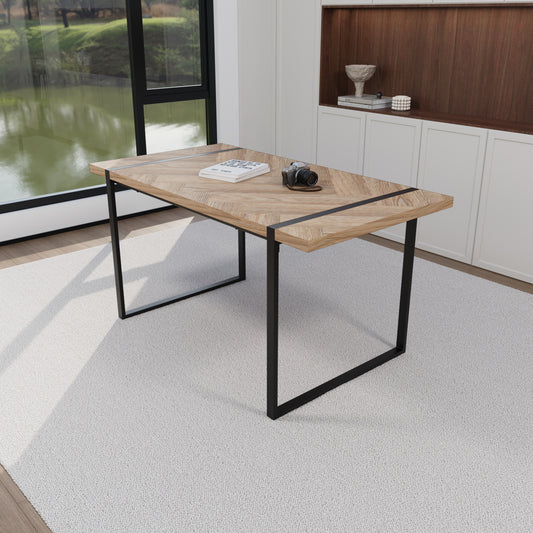 59 ' dining table modern industrial rectangular MDF light wood , 4-6 people, 1.5' thick engineering wood tabletop and black rectangular metal legs, used for home & kitchen