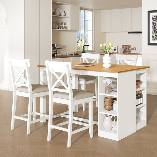 TOPMAX 60'Lx30'W Solid Wood Farmhouse Counter Height Dining Table Set with 3-Tier Storage Shelves, Upholstered Dining Chairs for 4, 5-Piece, White (OLD SKU: SP000041AAK)