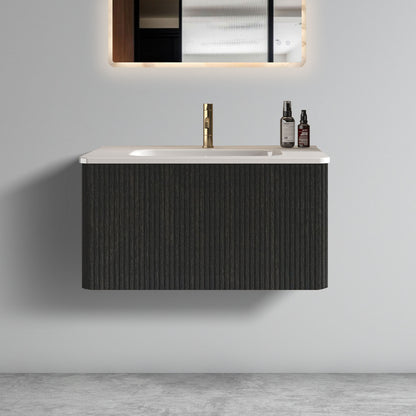U057-Etna30W-308 Etna 30' Striped Brushed Black Oak Floating Bathroom Vanity with White Ceramic Sink, Bathroom Vanity for Modern Bathroom, One-Piece White Basin without Drain, Pre-assembled