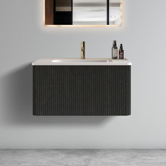 U057-Etna30W-308 Etna 30' Striped Brushed Black Oak Floating Bathroom Vanity with White Ceramic Sink, Bathroom Vanity for Modern Bathroom, One-Piece White Basin without Drain, Pre-assembled