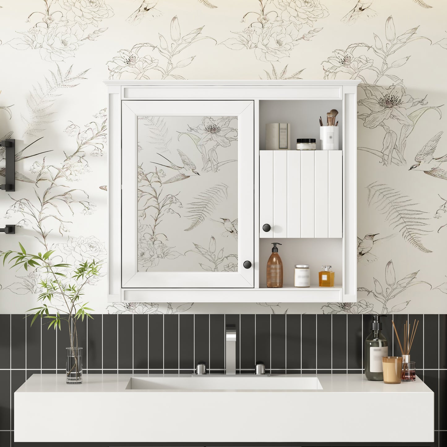 32'' Bathroom Wall Cabinet with Mirror, Wall Mounted Medicine Cabinet with 3 Shelves, Mirrored Door Over Toilet Storage Cabinet, White