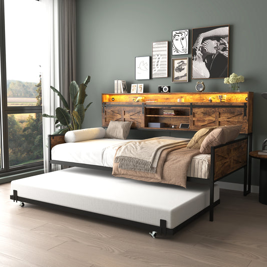 Twin Daybed with Trundle, Farmhouse Daybed Frame with Sliding Barn Door Headboard and Charging Station & LED Light for Bedroom and Guest Room, Rustic Brown