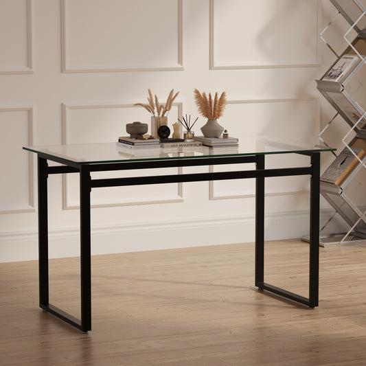 51' Modern Minimalist Rectangular Glass Dining Table for 4-6 with 0.31' Tempered Glass Tabletop and Black Chrome Metal Legs, Writing Table Desk, for Kitchen Dining Living Room (0 damage)