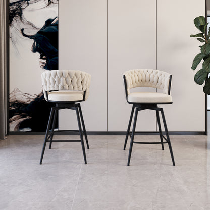 26' Bar Chair Soft cloth Woven Bar Stool Set of 2,Black legs Barstools No Adjustable Kitchen Island Chairs,360 Swivel Bar Stools Upholstered Counter Stool Arm Chairs with Back Footrest (White)