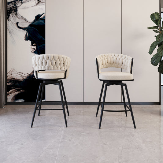 26' Bar Chair Soft cloth Woven Bar Stool Set of 2,Black legs Barstools No Adjustable Kitchen Island Chairs,360 Swivel Bar Stools Upholstered Counter Stool Arm Chairs with Back Footrest (White)