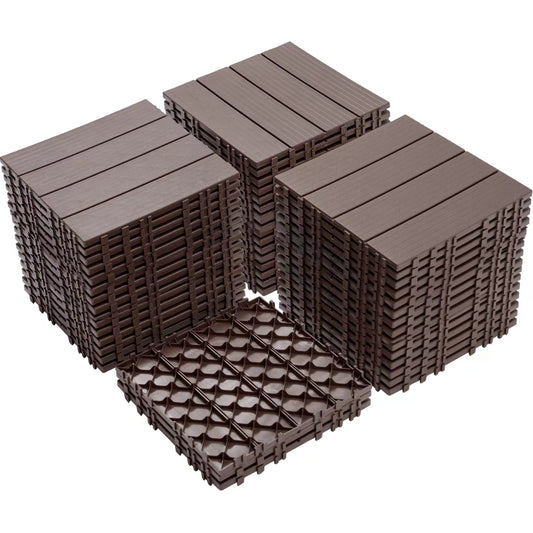 Plastic Interlocking Deck Tiles, 12.00'x12.00'(Pack of 44), Patio Flooring Outdoor Waterproof All Weather Use for Garden Poolside Front/Back Yard, Light Coffee Color
