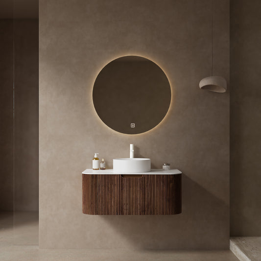 DINA 36' Bathroom Vanity with Sink, Wall-Mounted Floating Curved Edges Striped Bathroom Storage Cabinet with Drawer, White Ceramic Basin without Faucet, Pre-assembled, Dark Walnut Woodgrain Color