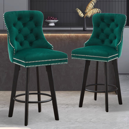 Modern  Swivel Bar Stools Velvet Barstools Button Tufted Bar Stools Rivet Trim Bar Stools for Kitchen Island,Bistro, with Metal Pull Ring Sturdy Footrest Large Backrest for Home Bar