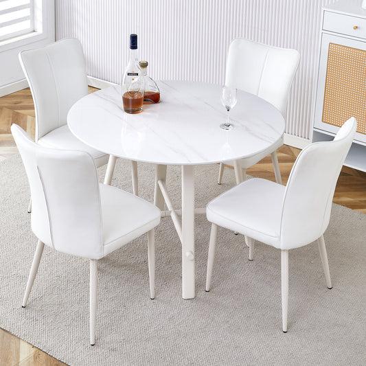 Table and chair set, MDF desktop, white metal table legs, stable and beautiful, suitable for most styles of home. Modern simple dining table, comfortable seating.