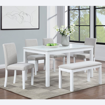 6 Piece Wooden Dining Table Set, Wooden Dining Table with 4 Upholstered Chairs and Bench for 6 People, Rectangular Dining Table Set with Crystal Decoration for Kitchen, Dining Room, White