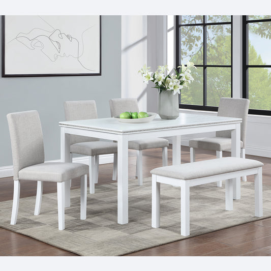 6 Piece Wooden Dining Table Set, Wooden Dining Table with 4 Upholstered Chairs and Bench for 6 People, Rectangular Dining Table Set with Crystal Decoration for Kitchen, Dining Room, White