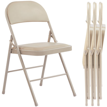 Folding Chair 4 Pack, Leather Padded Folding Chairs, Sturdy Metal Foldable Chairs, for Home, Office, Party, khaki 4 Pack