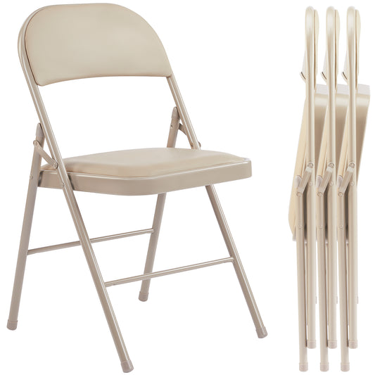 Folding Chair 4 Pack, Leather Padded Folding Chairs, Sturdy Metal Foldable Chairs, for Home, Office, Party, khaki 4 Pack