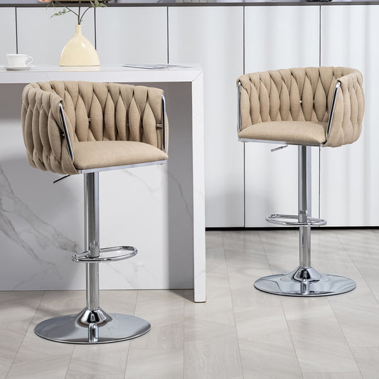 360° Fabric cover Swivel Bar Stools Set of 2, Adjustable Counter Height Bar Chairs with Woven Back & Footrest, Silver chromed  Bar Stools for Kitchen Island, Cafe, Pub (YELLOW)