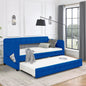 BLUE UPHOLSTERED TWIN SIZE DAYBED WITH TRUNDLE, VELVET FABRIC, NO BOX SPRING REQUIRED, COMFORTABLE AND SIMPLE DESIGN MODELS