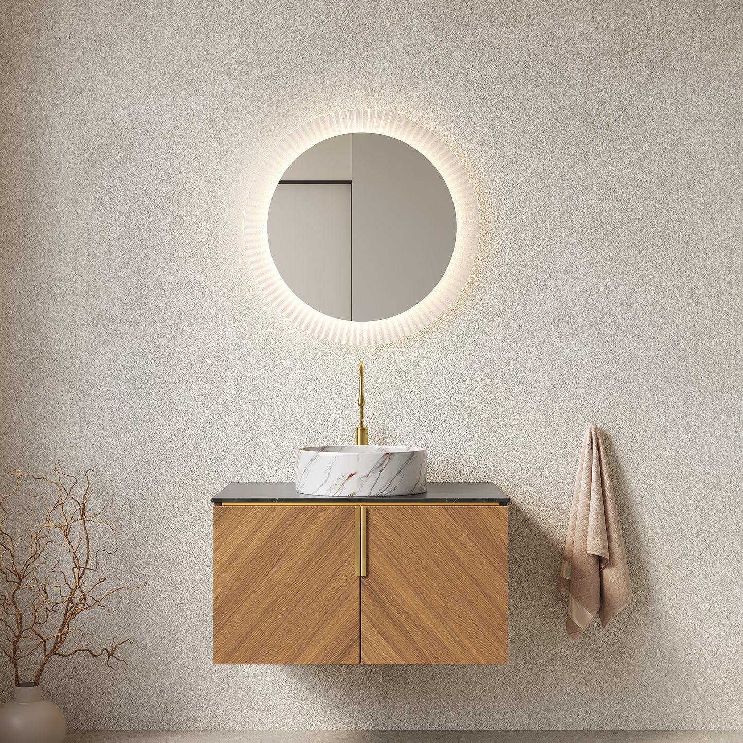 ARAI 30' Bathroom Vanity with Sink, Modern Wall-Mounted Plywood Bathroom Storage Cabinet with 2 Doors, Black Countertop and White Round Ceramic Basin with Stone Pattern, Espresso Woodgrain Color