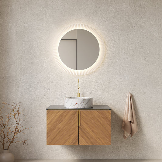 ARAI 30' Bathroom Vanity with Sink, Modern Wall-Mounted Plywood Bathroom Storage Cabinet with 2 Doors, Black Countertop and White Round Ceramic Basin with Stone Pattern, Espresso Woodgrain Color