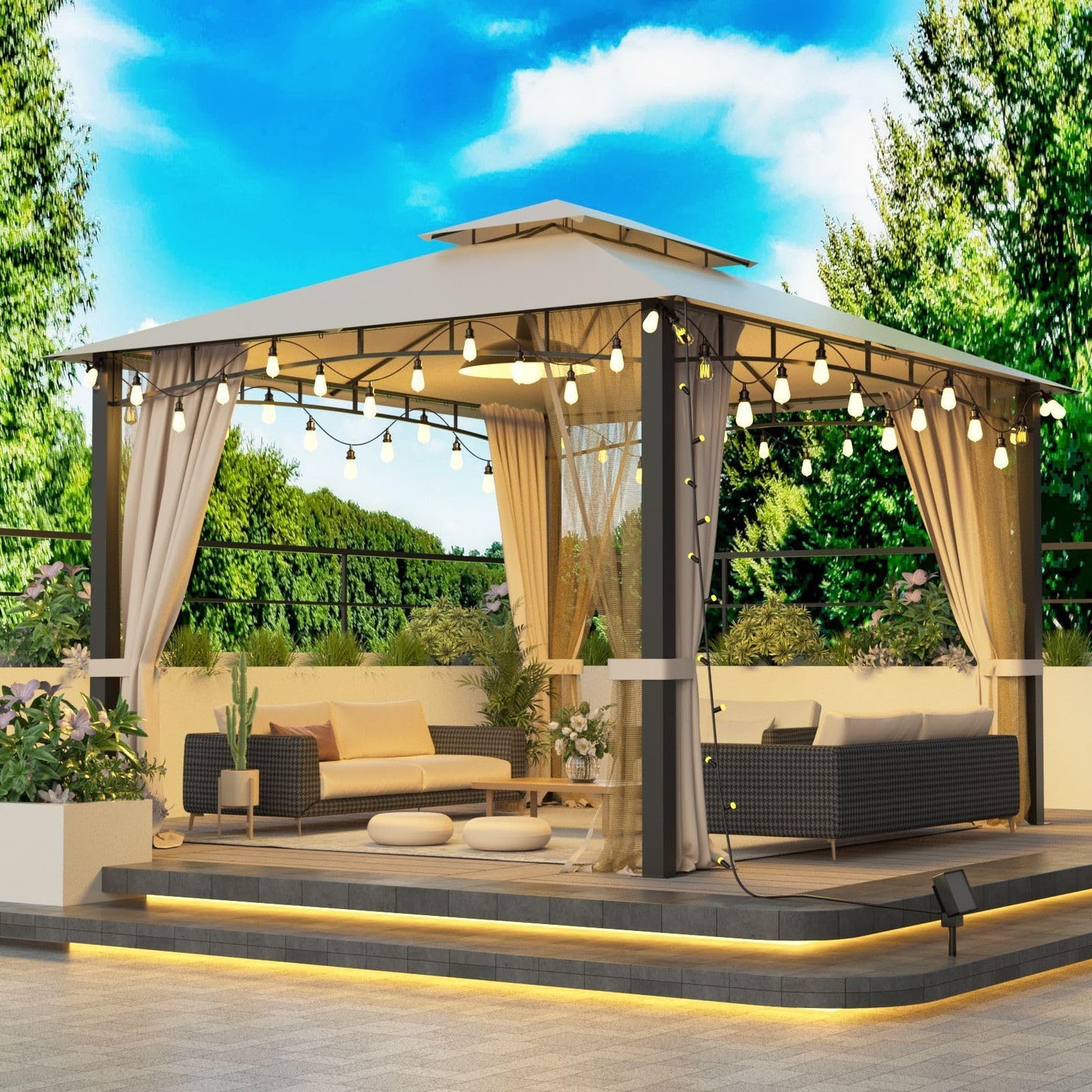 10x12 Softtop Metal Grill Gazebo with Mosquito Net&Sunshade Curtains,Heavy Duty Double Roof Canopy,Galvanized Steel Design Outdoor Tent,Suitable for Gardens,Patio,Backyard