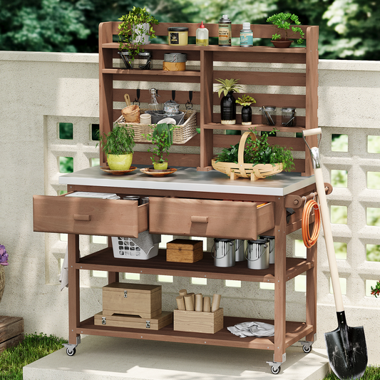 K&K 64.9'H Outdoor Potting Bench Table with Lockable Wheels, Solid Wood Outdoor Kitchen Island with Upper Hutch, Stainless Steel Top, Towel Rack ,Outdoor Storage for Grilling, Lawn Garden -Brown