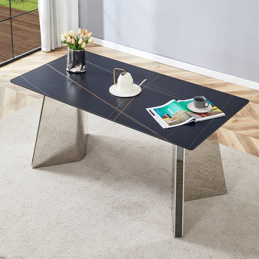 63'x31.5x30' Black Marble-Patterned Slab Dining Table with Stainless Steel Butterfly Legs.The tabletop is designed to be scratch and heat resistant.Slabs Tabletop,Stainless Steels Legs.