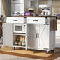 K&K 53.5''Farmhouse Kitchen Island with Power Outlet, Kitchen Storage Island with Drop Leaf, Spice Rack and Drawer, Rolling Kitchen Cart on Wheels, for Home, Kitchen and Dining Room, White