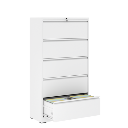 5 Drawer Metal Lateral File Cabinet , White Filing Cabinet with Lock, Lockable File Cabinet for Home Office, Locking Metal File Cabinet for Legal/Letter/A4/F4 Size